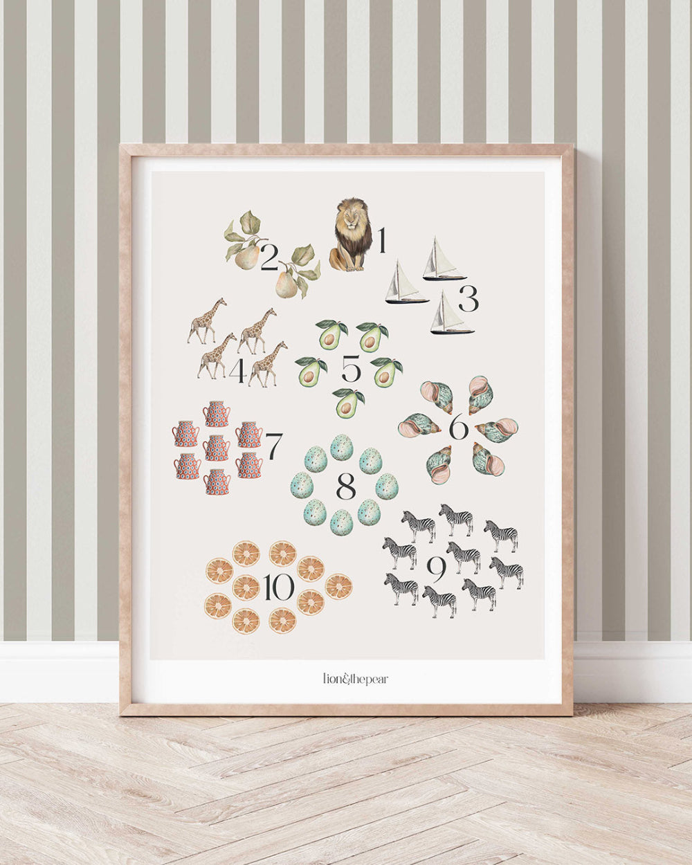 Framed children's poster with numbers and illustrations on a striped wall.