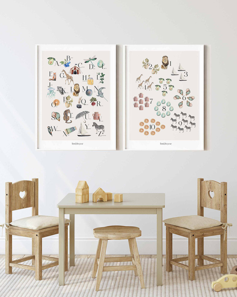Children's table and chairs set with educational posters on a wall