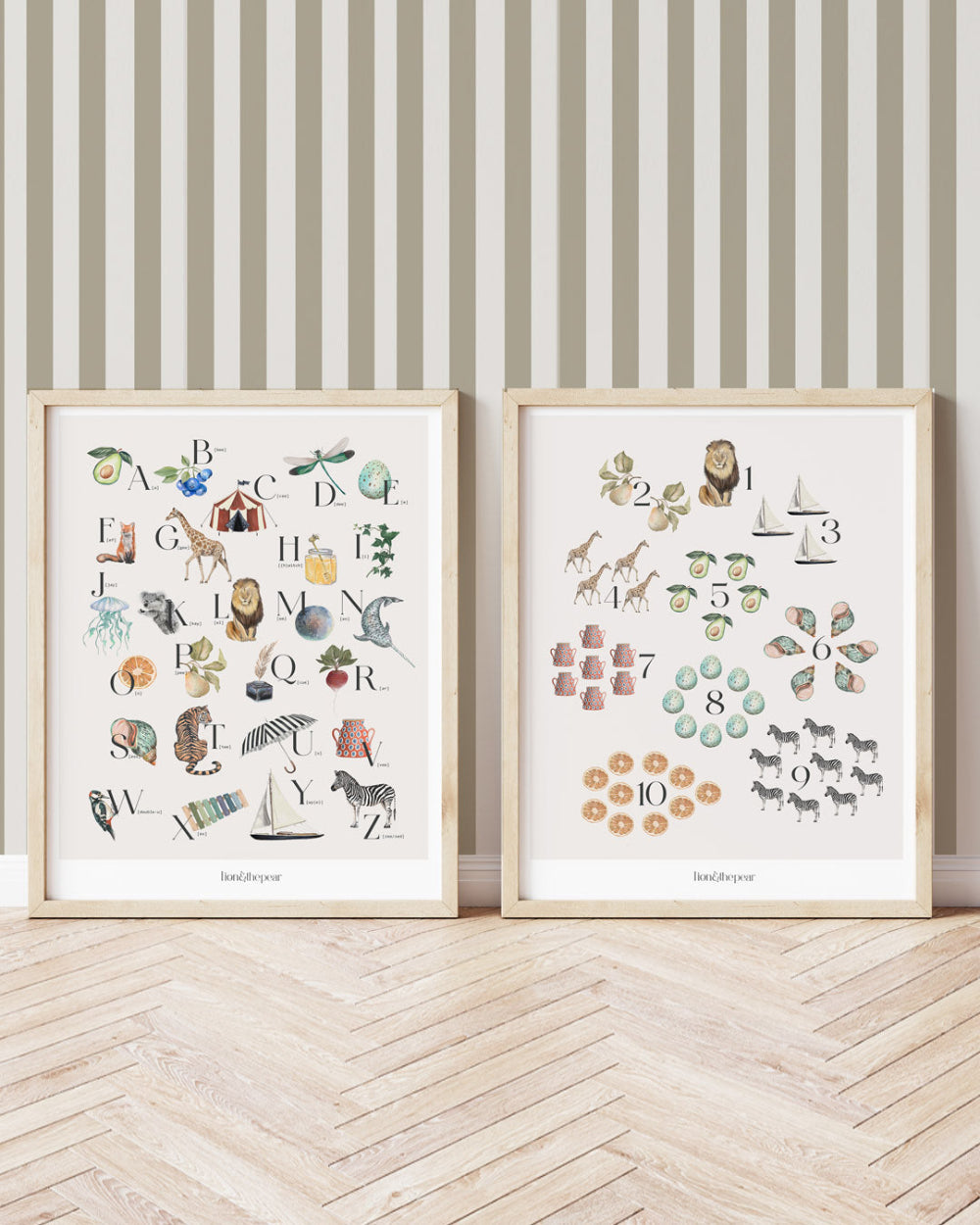 Two framed educational posters on a wall with striped wallpaper and wooden floor.