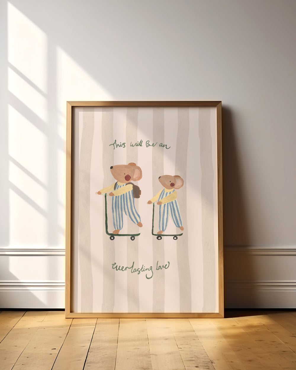 Framed artwork with two Mice on skateboards on a striped background, placed on a wooden floor.