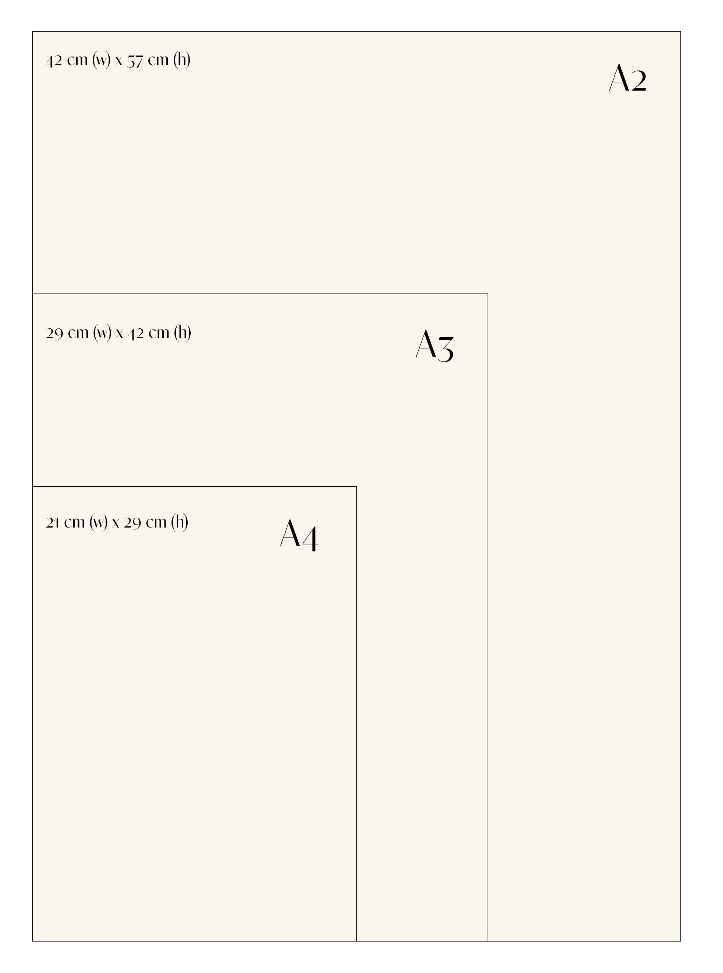 Diagram showing different paper sizes with dimensions and labels. A4, A3 and A2 sizes.