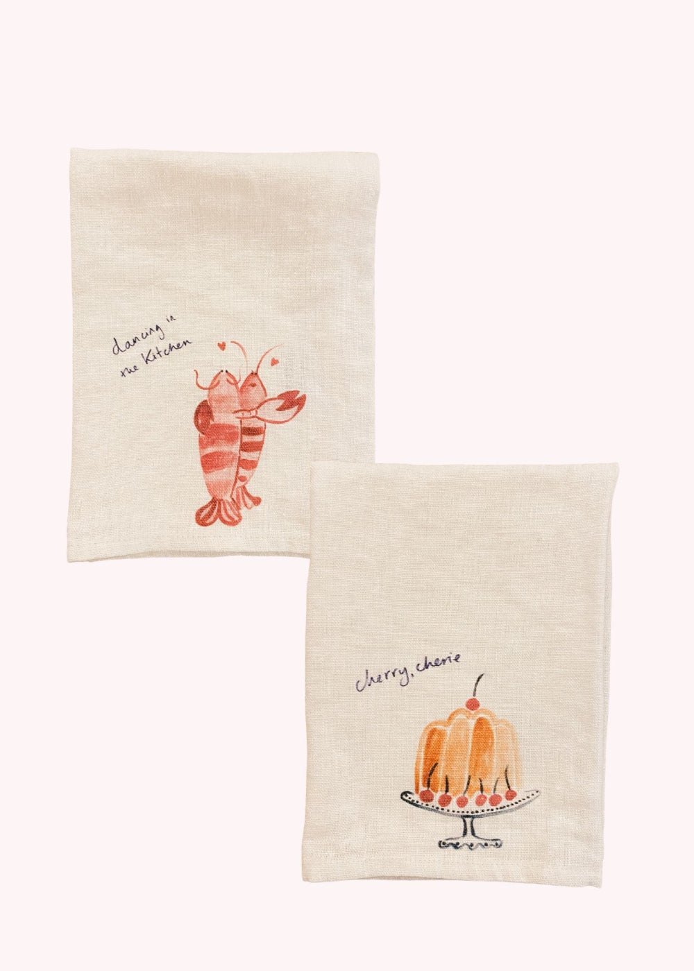 Two decorative napkins with illustrations of a lobster and a cherry cake on a white background.