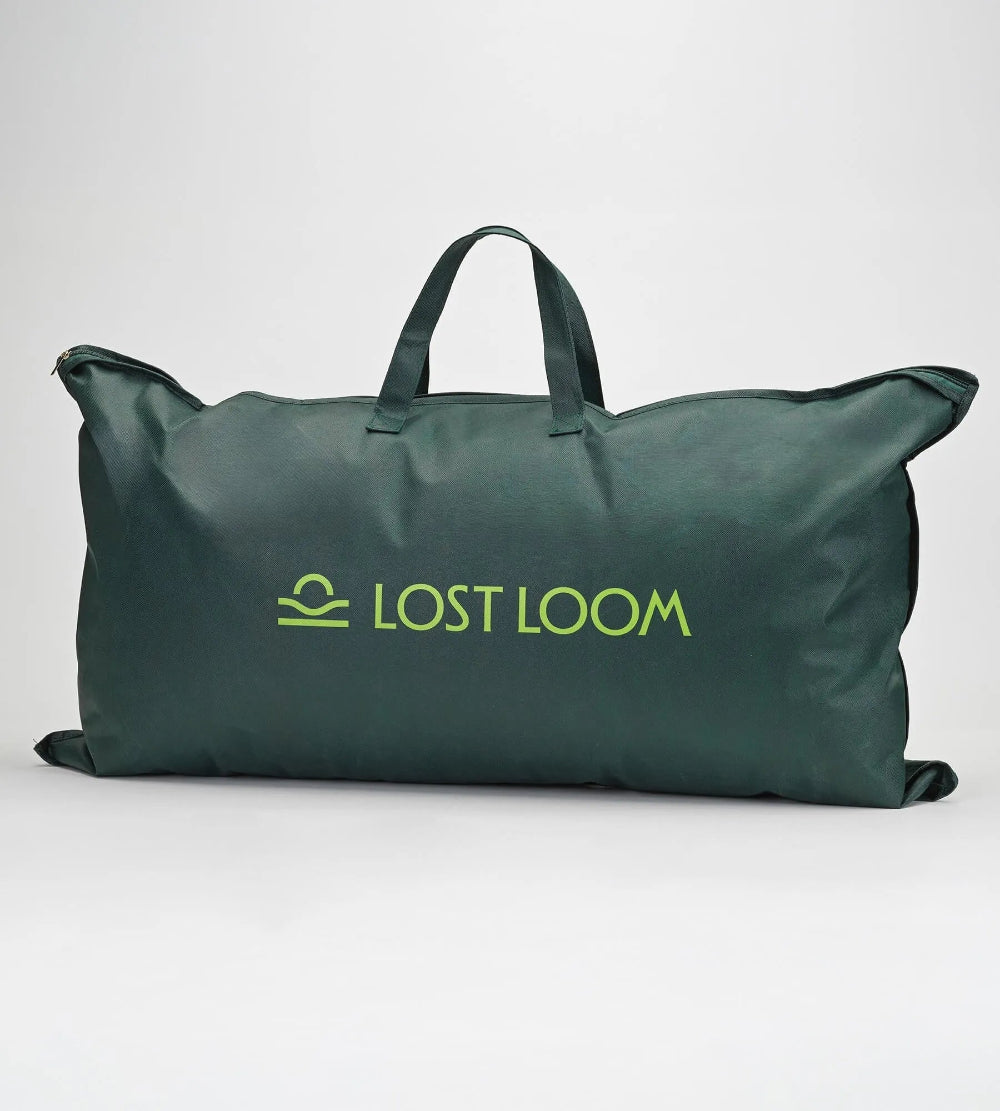 Green bag with 'Lost Loom' logo on a white background