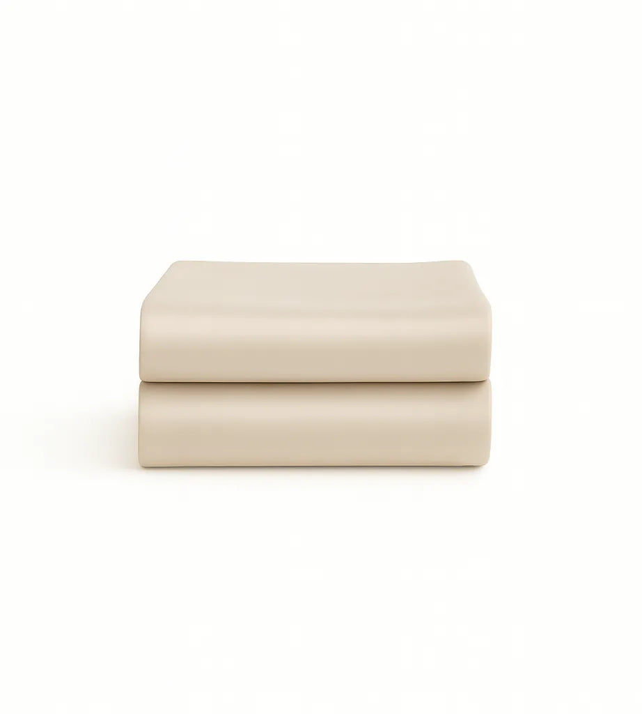 Two folded Oatmeal bamboo pillowcases on a white background