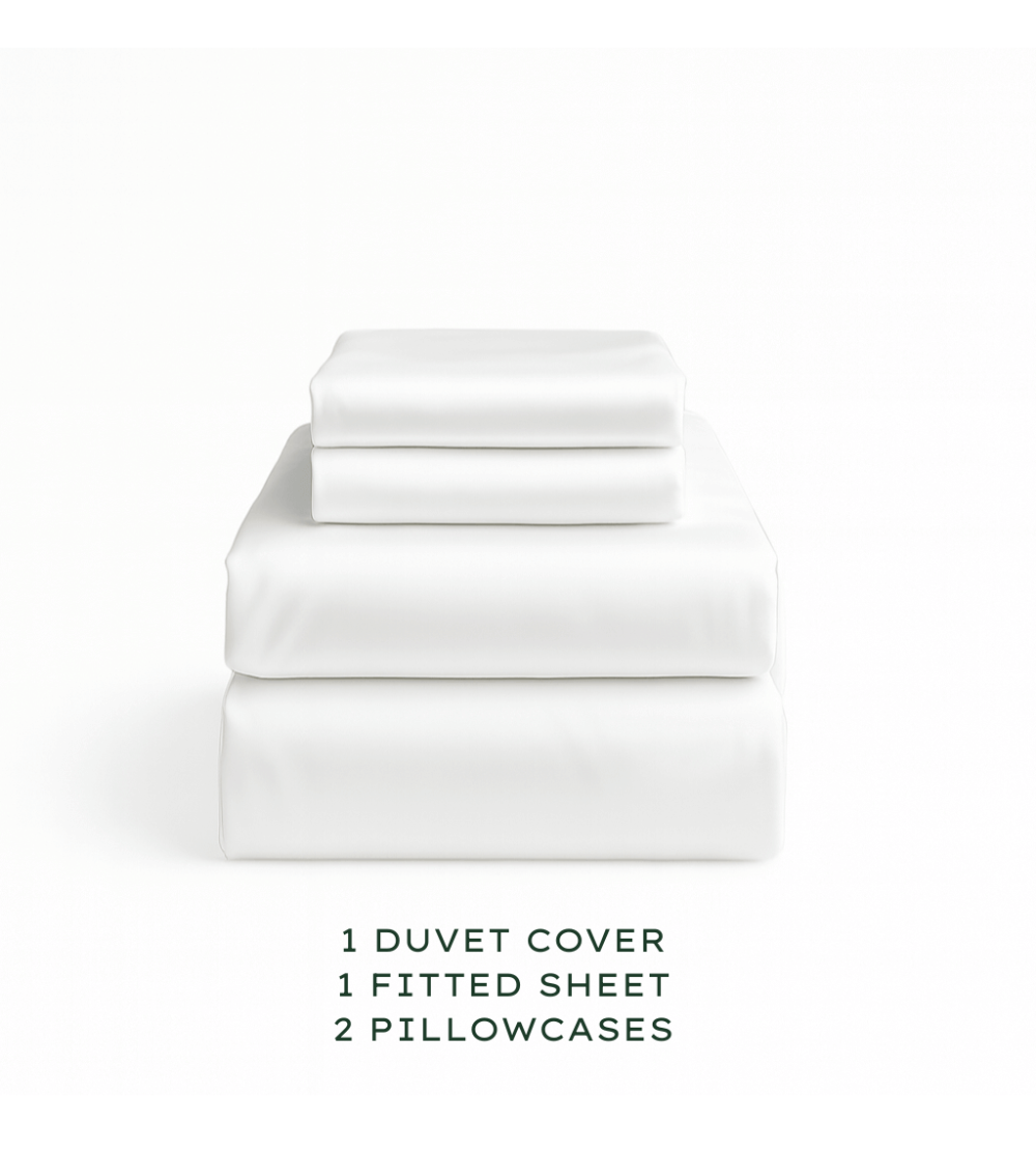 Set of white bedding including a duvet cover, fitted sheet, and pillowcases on a white background.