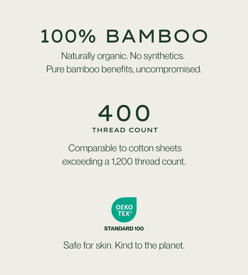 Text describing 100% bamboo sheets with thread count and OEKO-TEX certification on a white background.