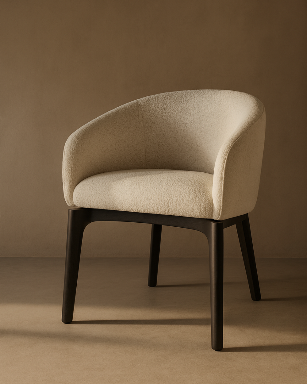 Lucille Beige dining chair with dark wooden legs on a brown background