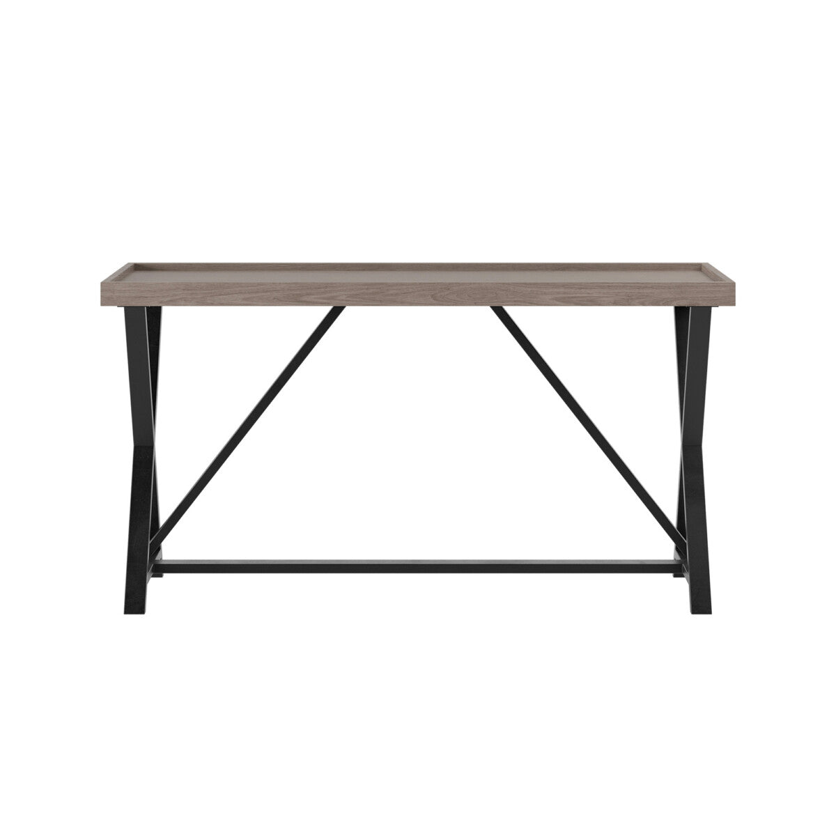 A Brentwood Console Table with aged oak finish and black metal legs with a white background.