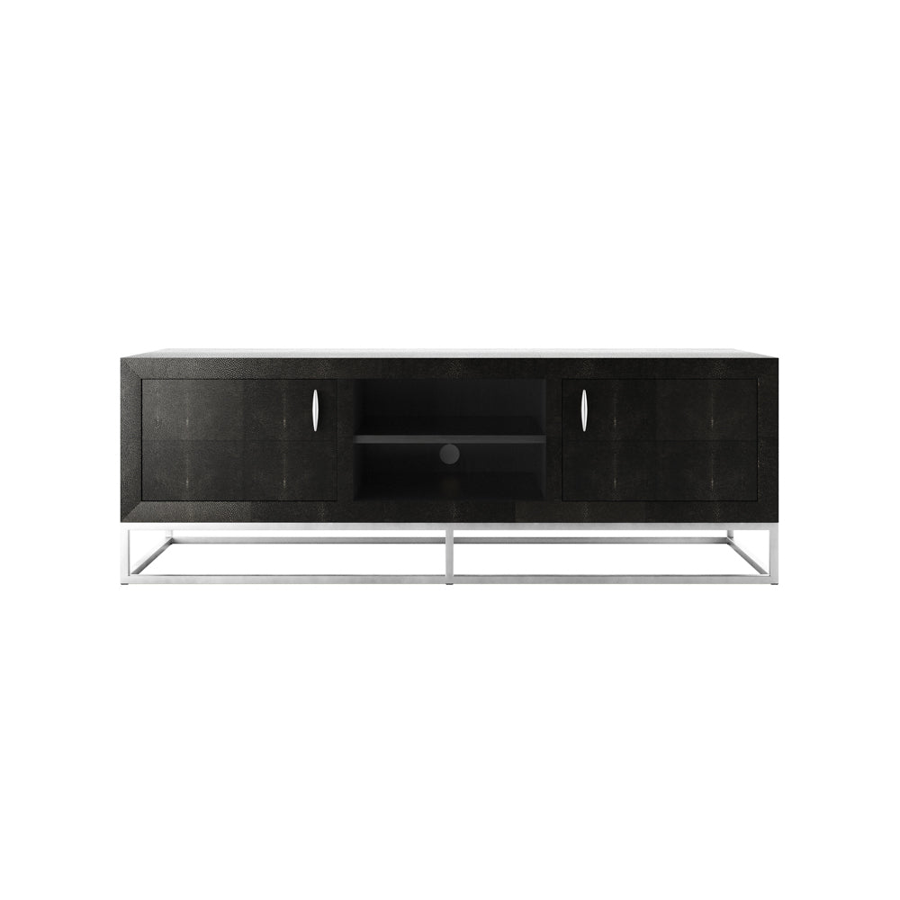 A modern Black Shagreen two-door TV/media unit with chrome handles and a polished look, featuring fixed shelving.
