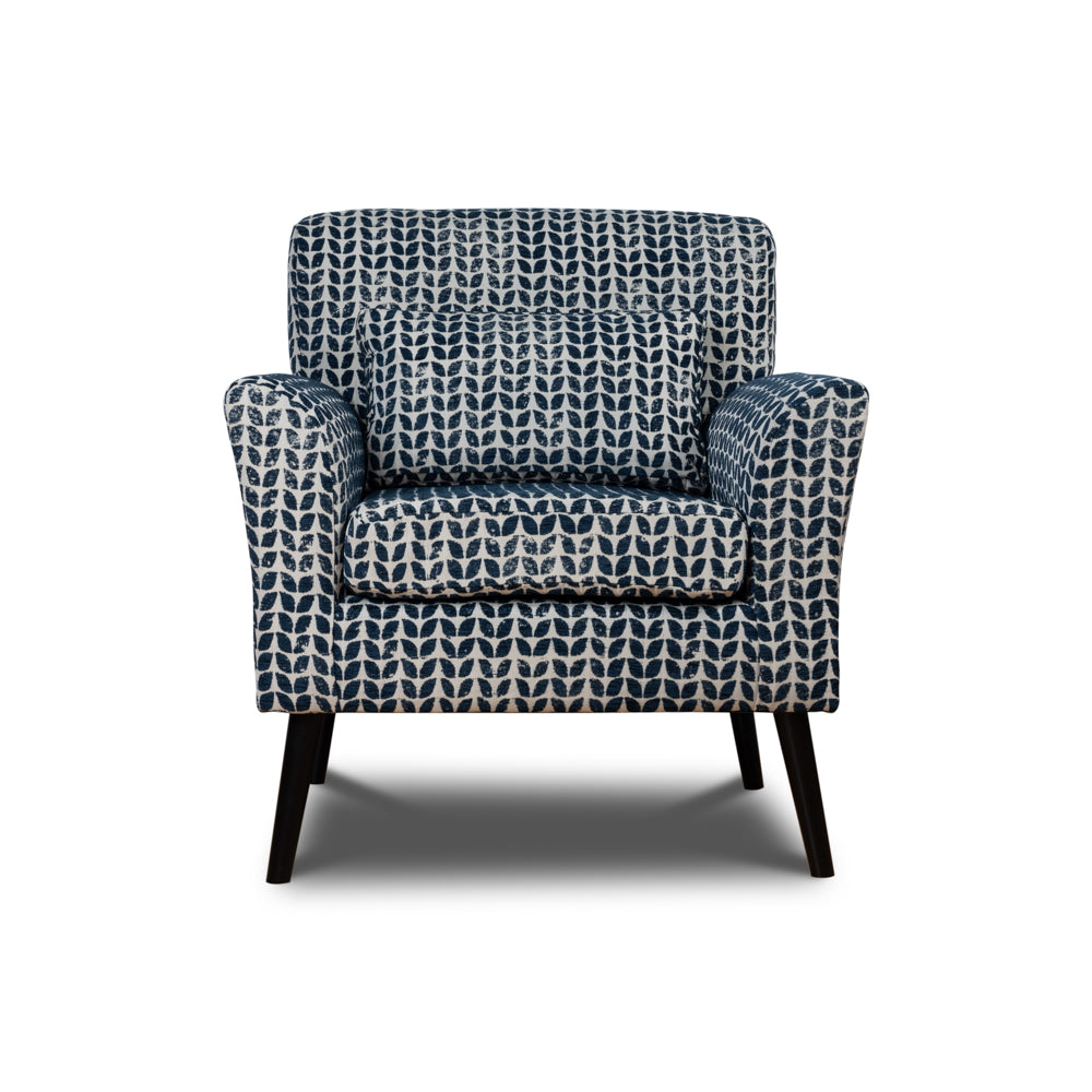 A blue patterned fabric upholstered Westcliff Club Chair with a solid birch wood frame and black-painted legs, presented against a white background.
