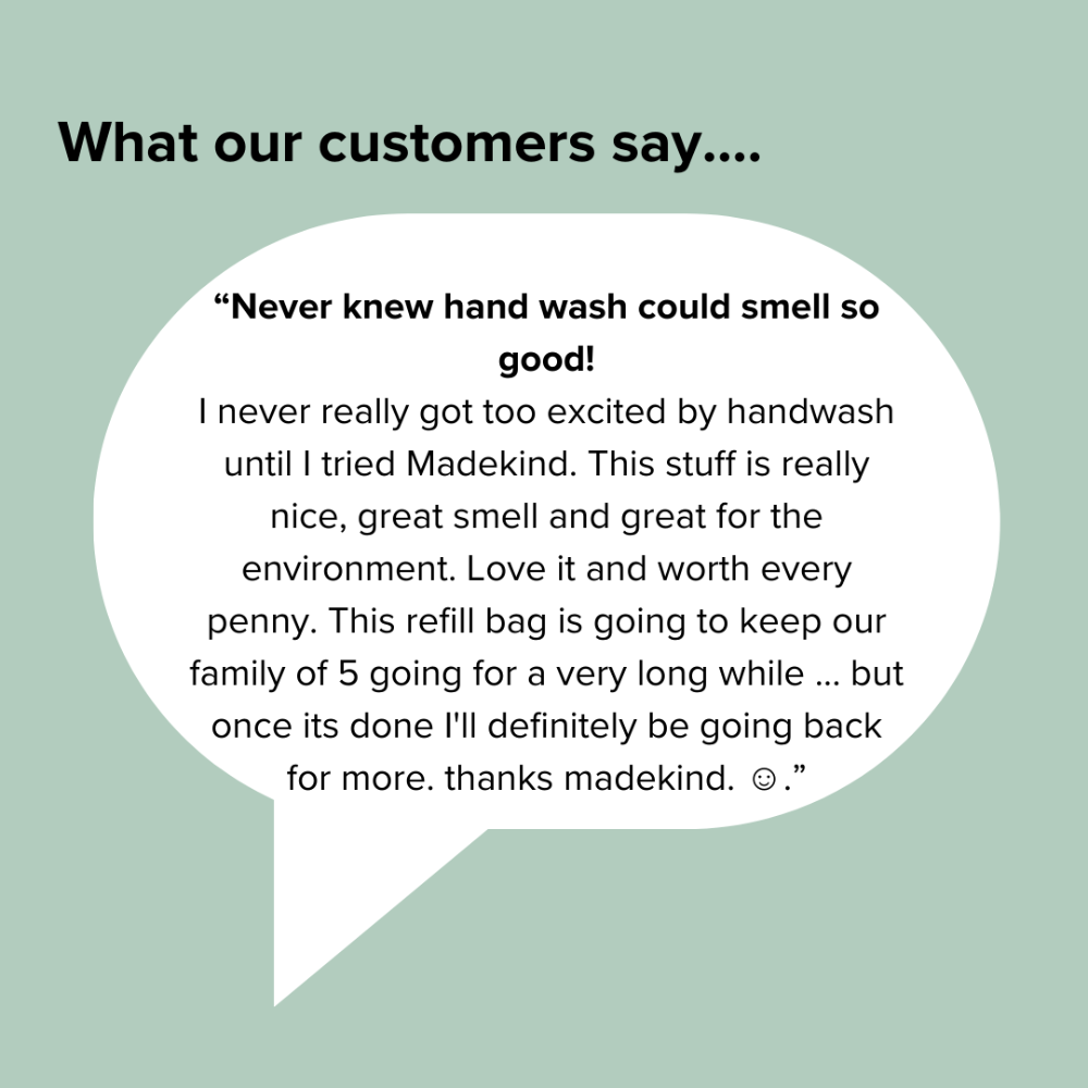 Customer review of hand wash on a light green background