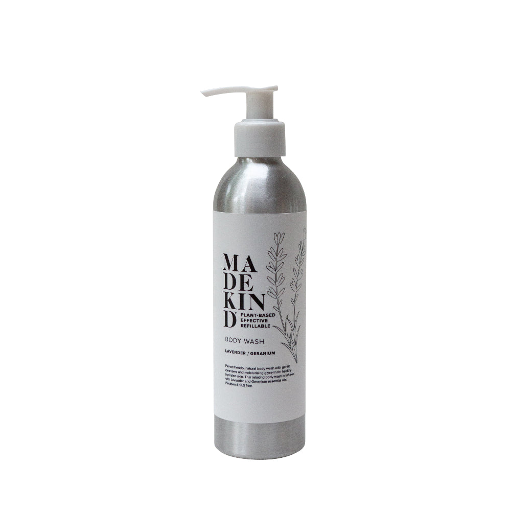 Silver bottle with pump and white label on a white background Mde Kind Body Wash Lavender and Geranium