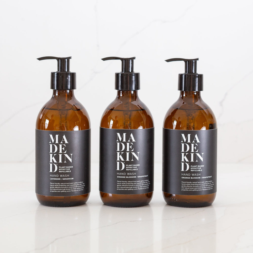Three bottles of Made kind hand wash on a white background