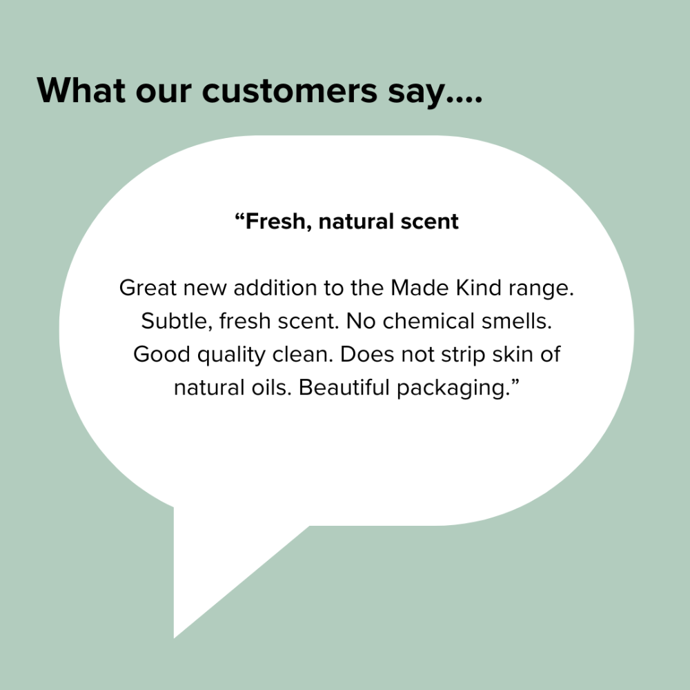 Customer review text in a speech bubble on a light green background