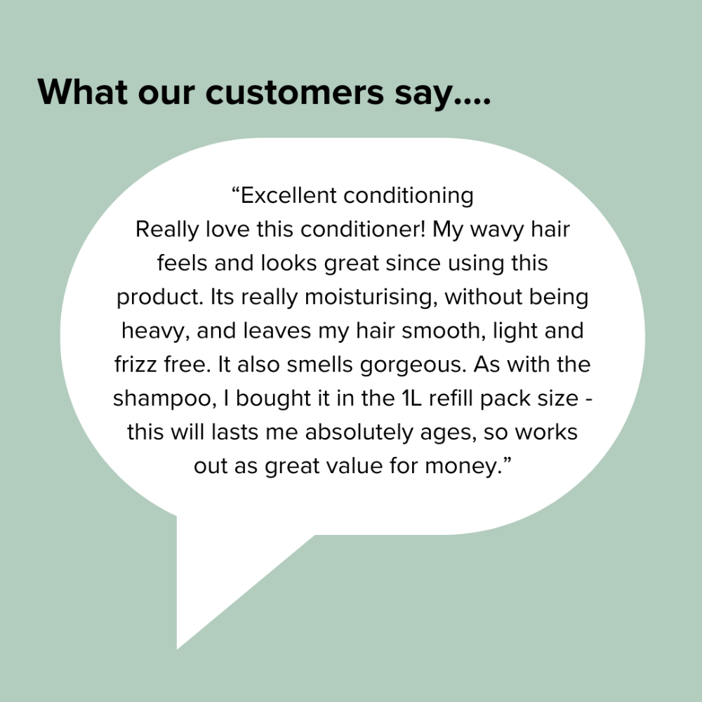 Customer review of a hair care product with a speech bubble on a light green background