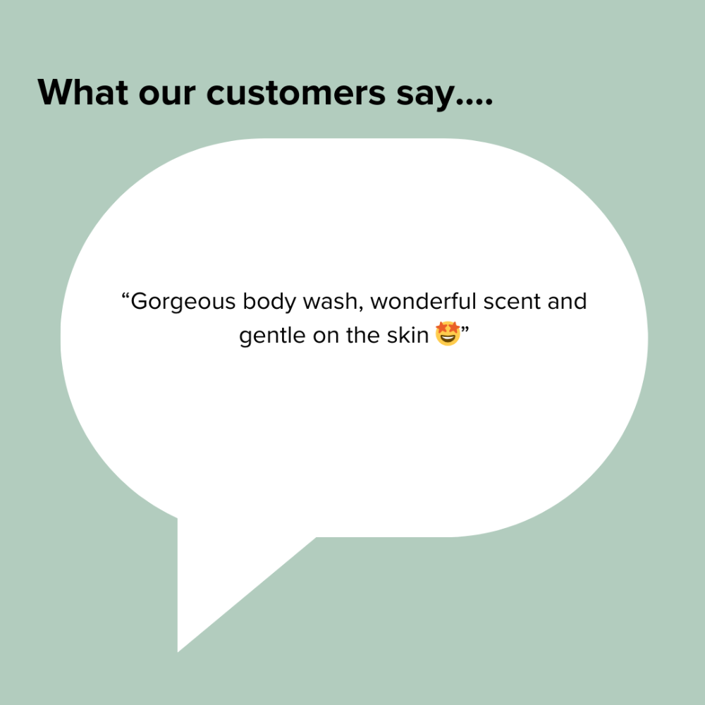 Speech bubble with customer review on a light green background