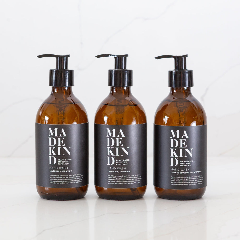 Three bottles of Made Kind hand wash on a white background
