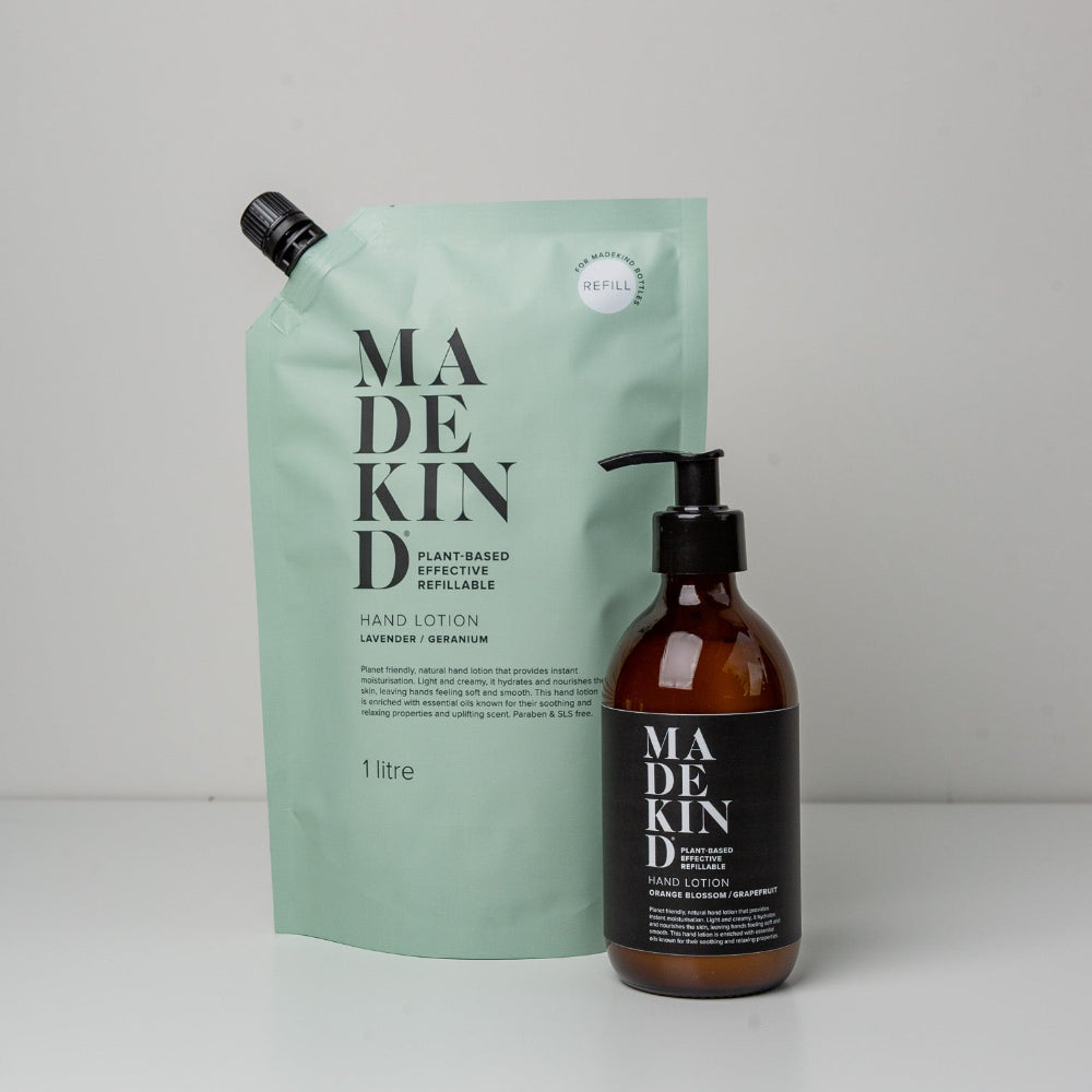 MadeKind hand lotion set with pump bottle and refill pouch on a white background