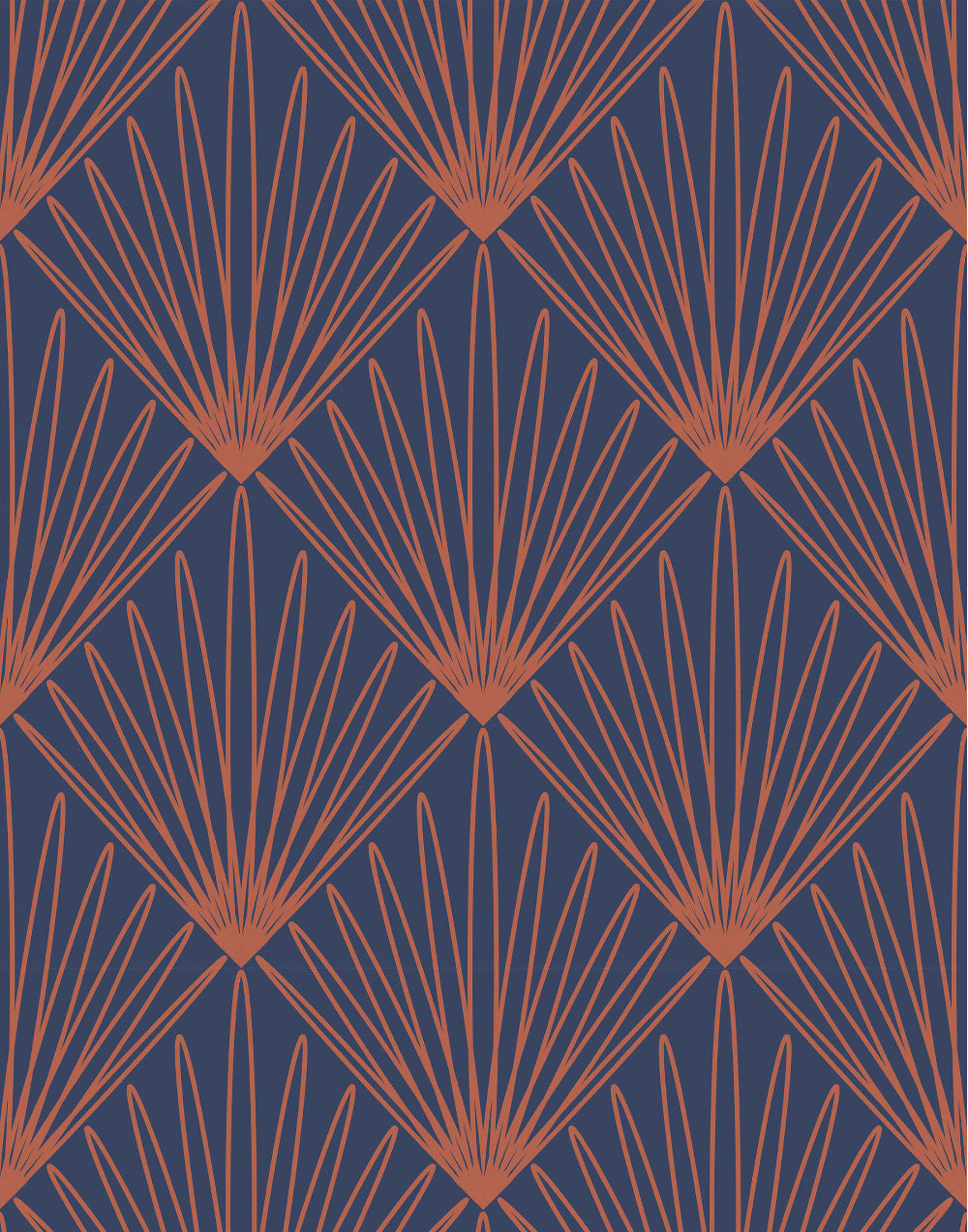 Wallpaper with Geometric pattern with fan shapes in orange on a blue background