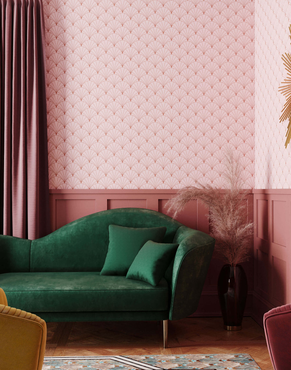 Green velvet sofa in a room with pink walls and decorative elements. Wallpaper is called Martini.
