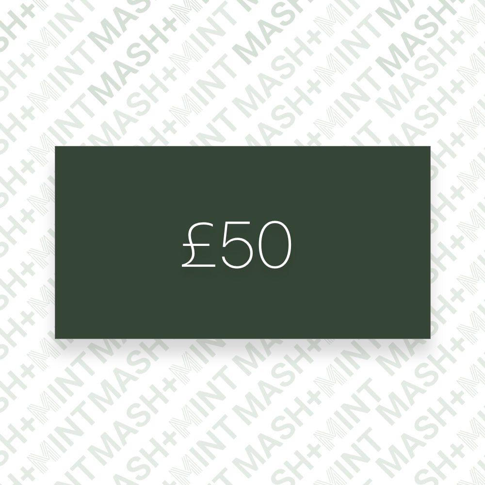A green gift card with 'MASH + MINT' written in white text and a value of £50 displayed.