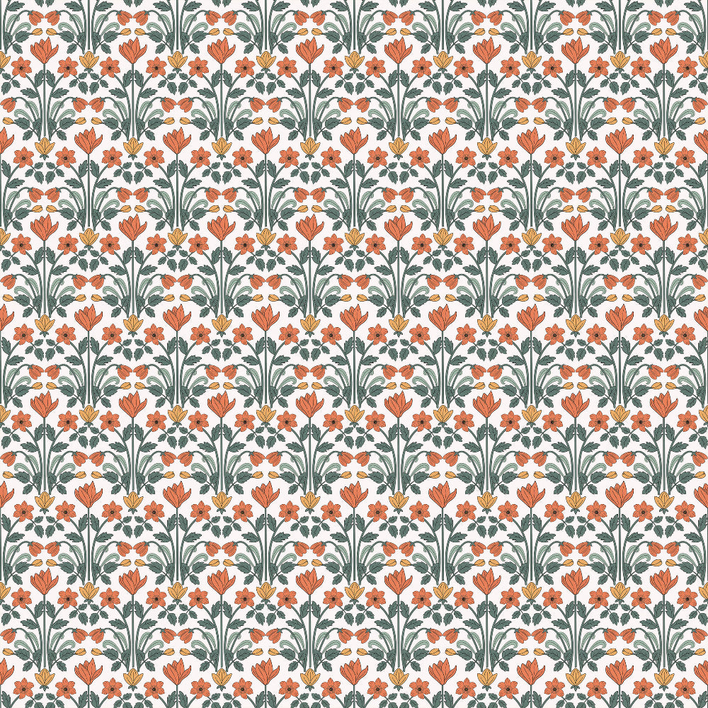 Wallpaper Pattern of orange flowers and green leaves on a light grey background