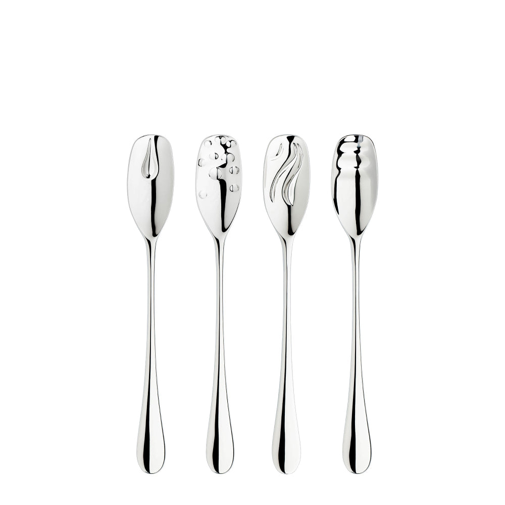 A set of four stainless steel textured spoons with different Textured designs, finish in polished mirror.