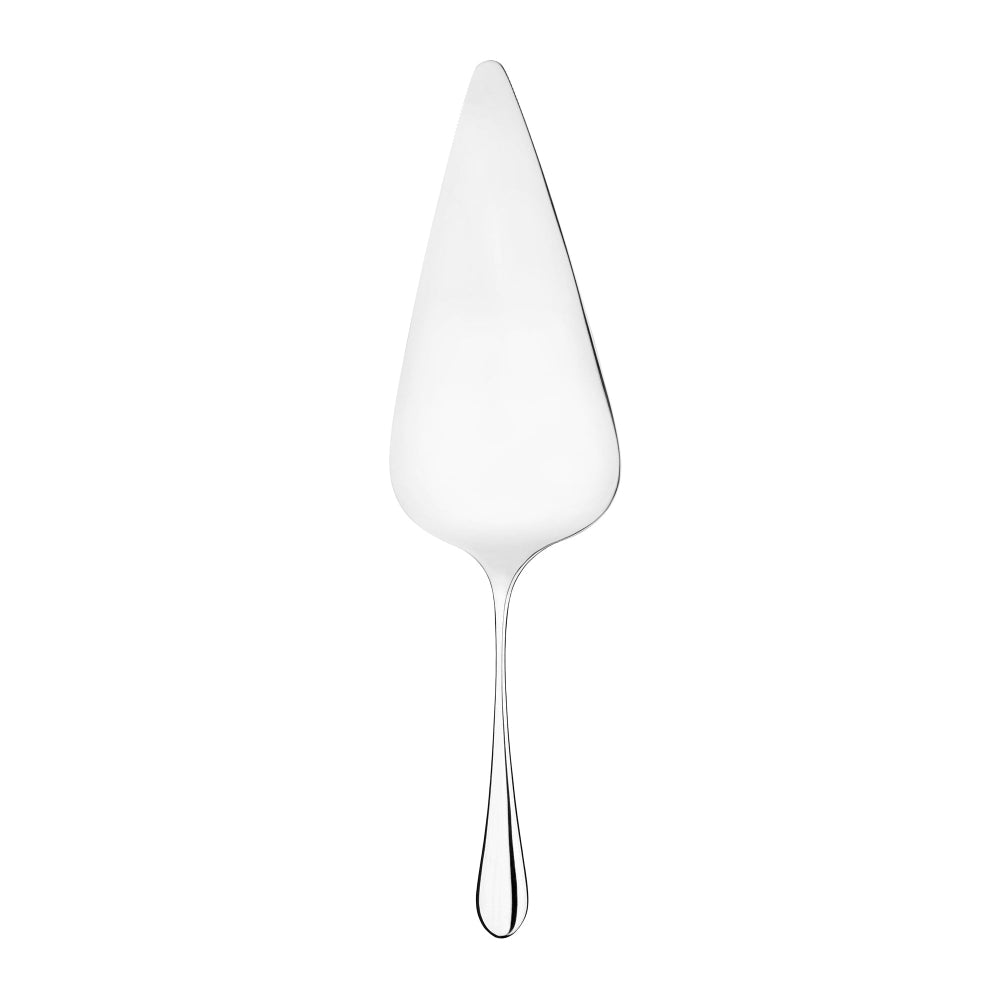 A silver cake server with a teardrop-shaped handle, reflecting a mirror-polished finish.
