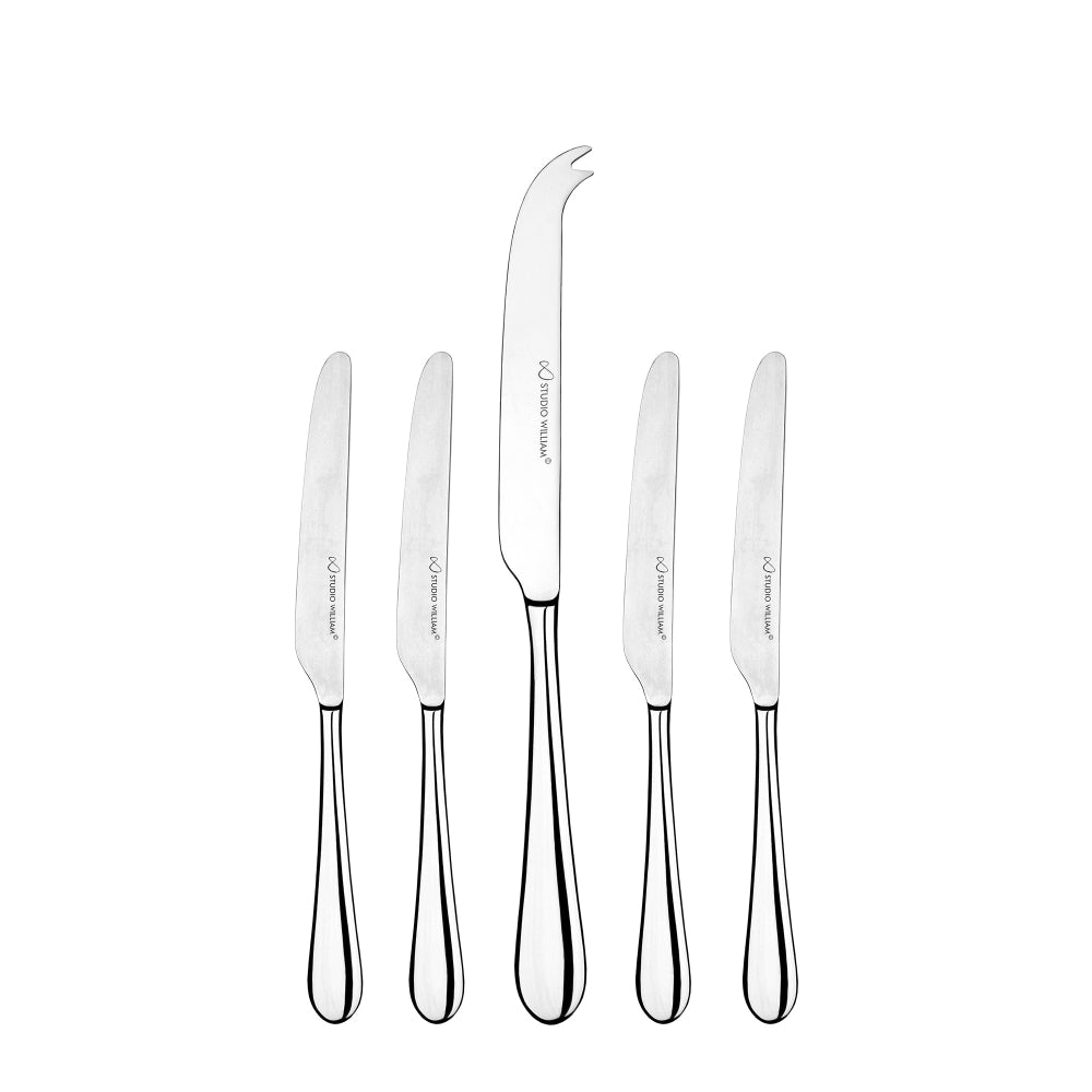 A set of four butter knives and one cheese knife with a mirror finish, crafted from 18/10 stainless steel, featuring teardrop-shaped handles.