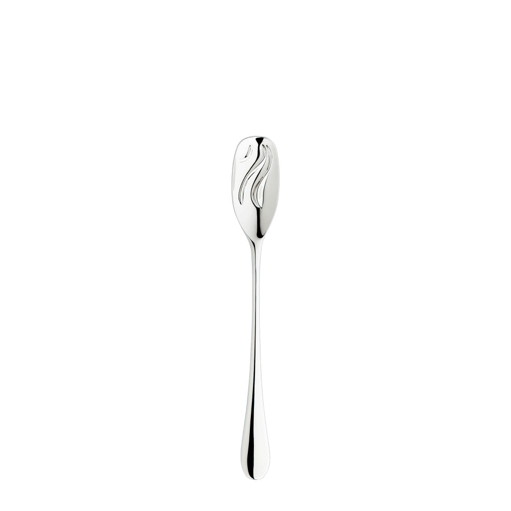 Silver spoon with a flow textured design on a white background
