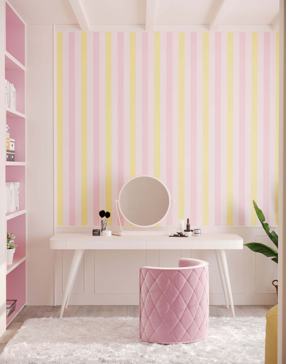 Pink and yellow striped wall with a vanity table and pink chair in a room.