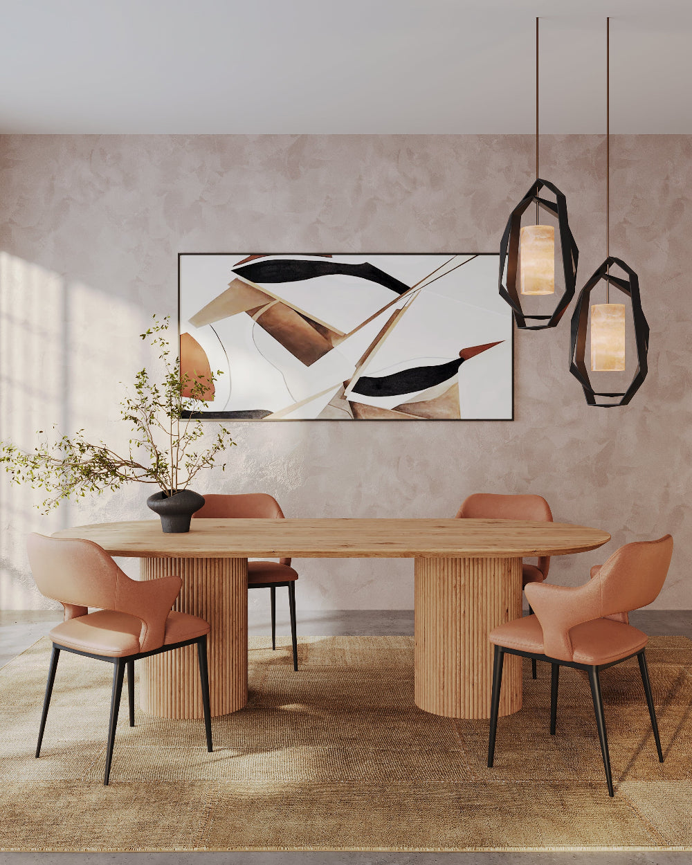 Dining room with a wooden table and chairs, abstract art on the wall, and modern pendant lights.
