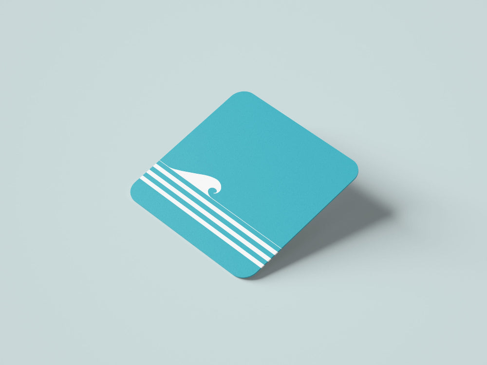 Blue square with white stripes and a wave on a light gray background
