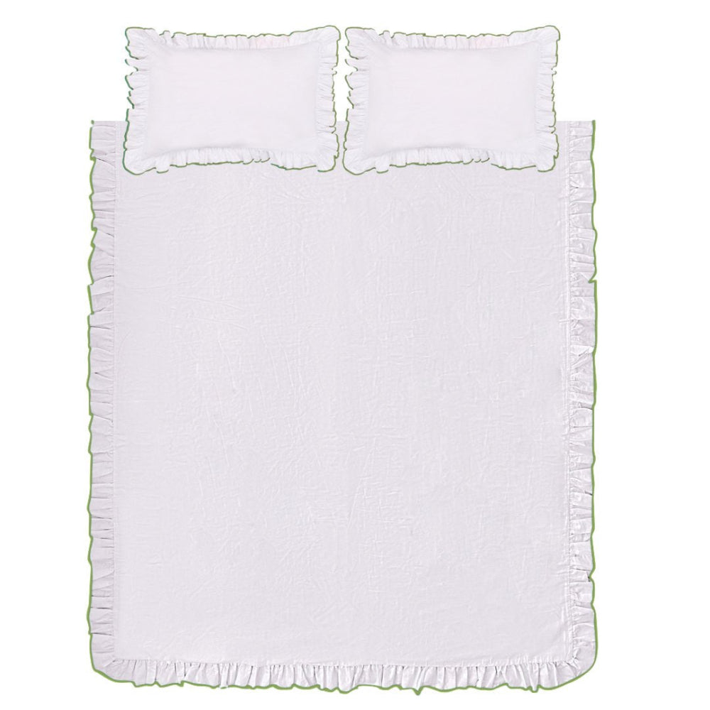 Sukun Olive Provence Olive Bedding White ruffled bedding on a white background