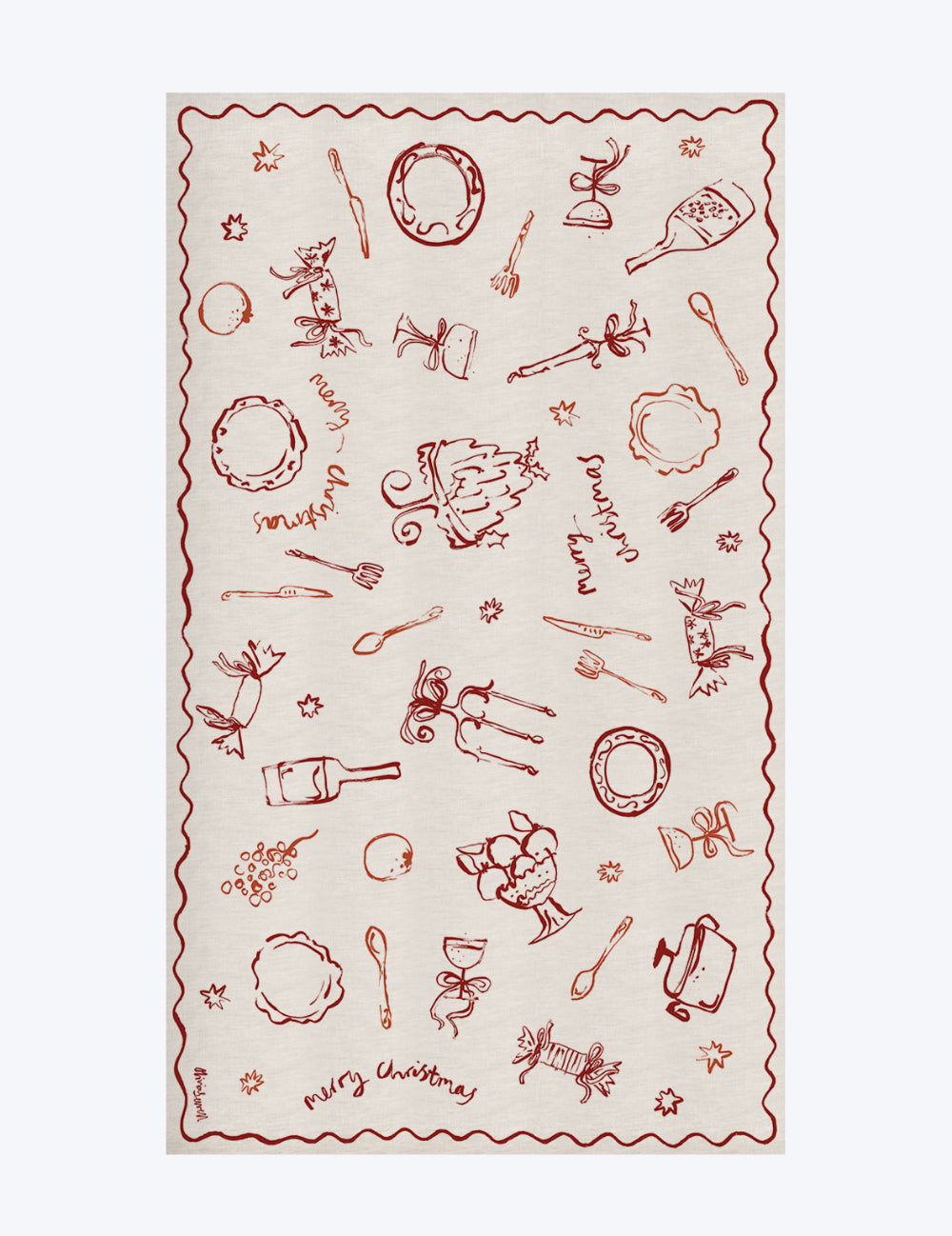 Decorative kitchen linen tablecloth with red Christmas-themed illustrations on a white background