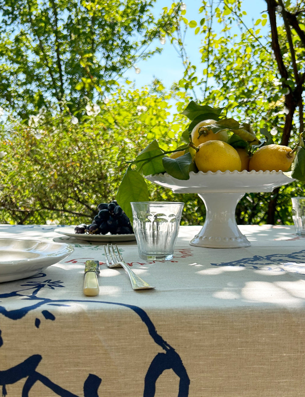 Outdoor table setting with lemons on a white cake stand, blue and white tablecloth, and greenery in the background.