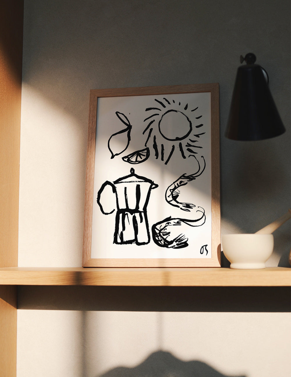 Framed black and white illustration of a coffee maker on a wooden shelf.