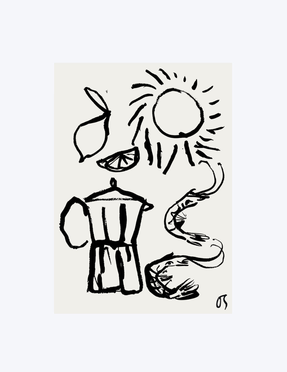 Black line art of a coffee maker, lemon, and sun on a beige background