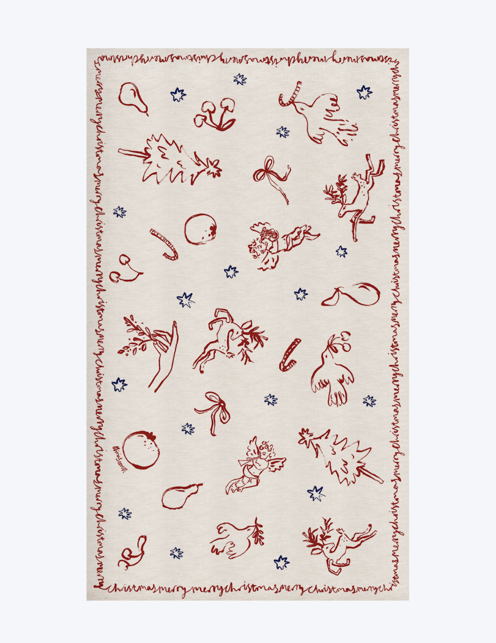 Decorative linen tablecloth with red cherubs and christmas symbols on a white background