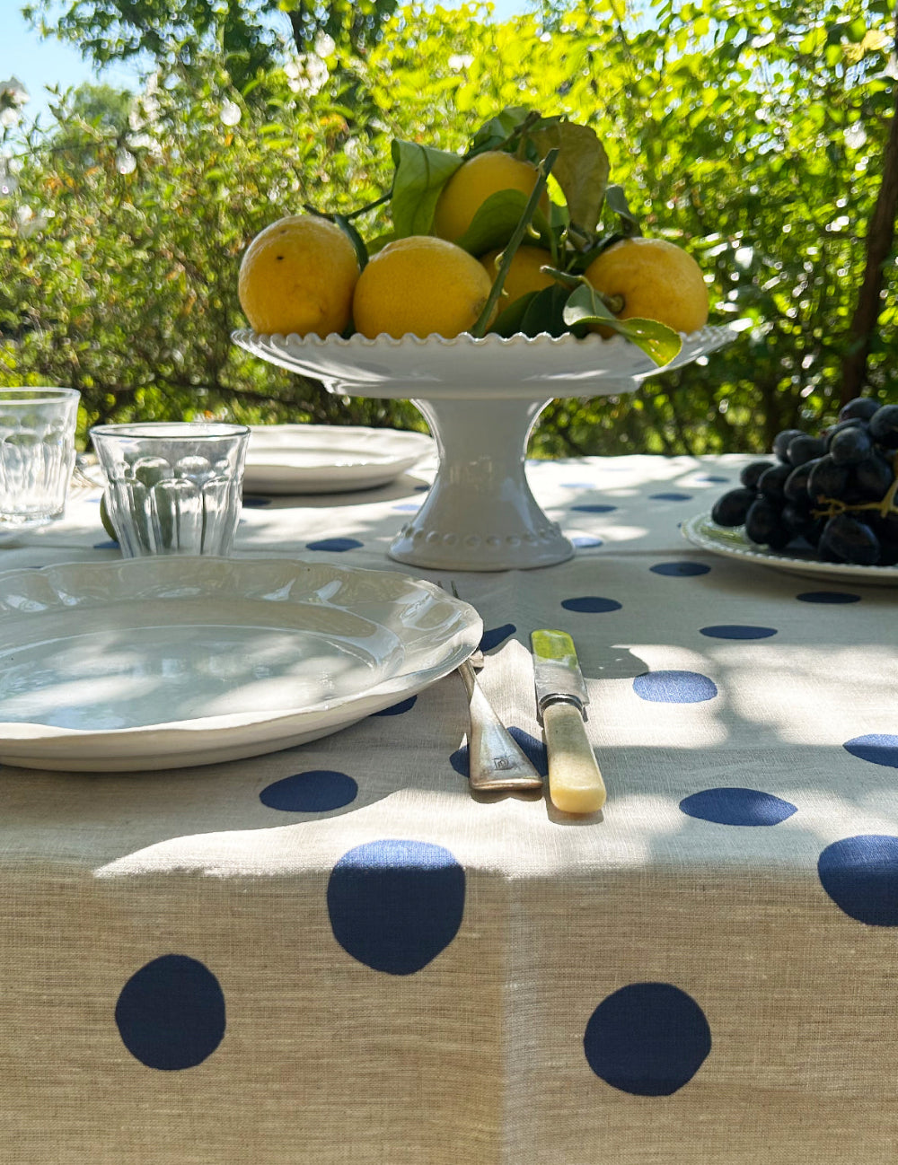 Table setting with polka dot tablecloth, lemons, and grapes outdoors.