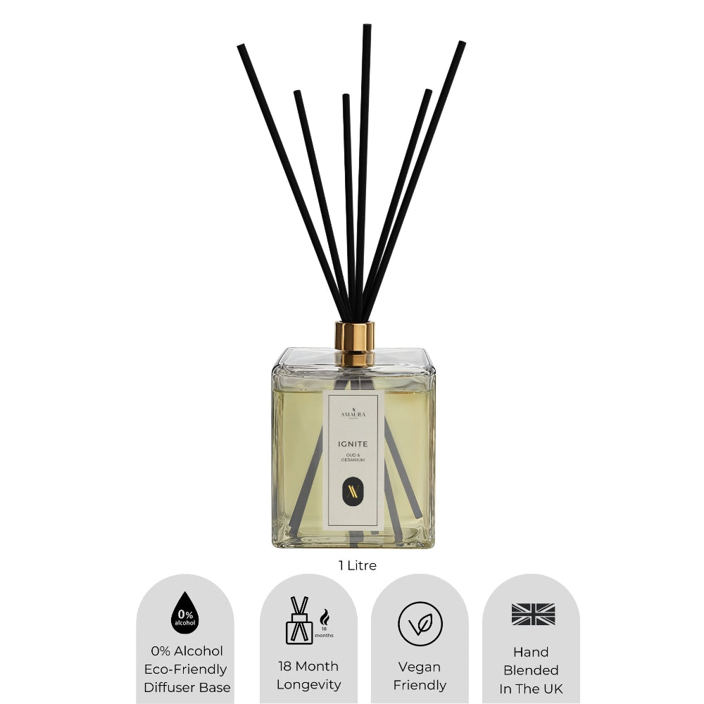 Reed diffuser with black sticks and a clear bottle on a white background
