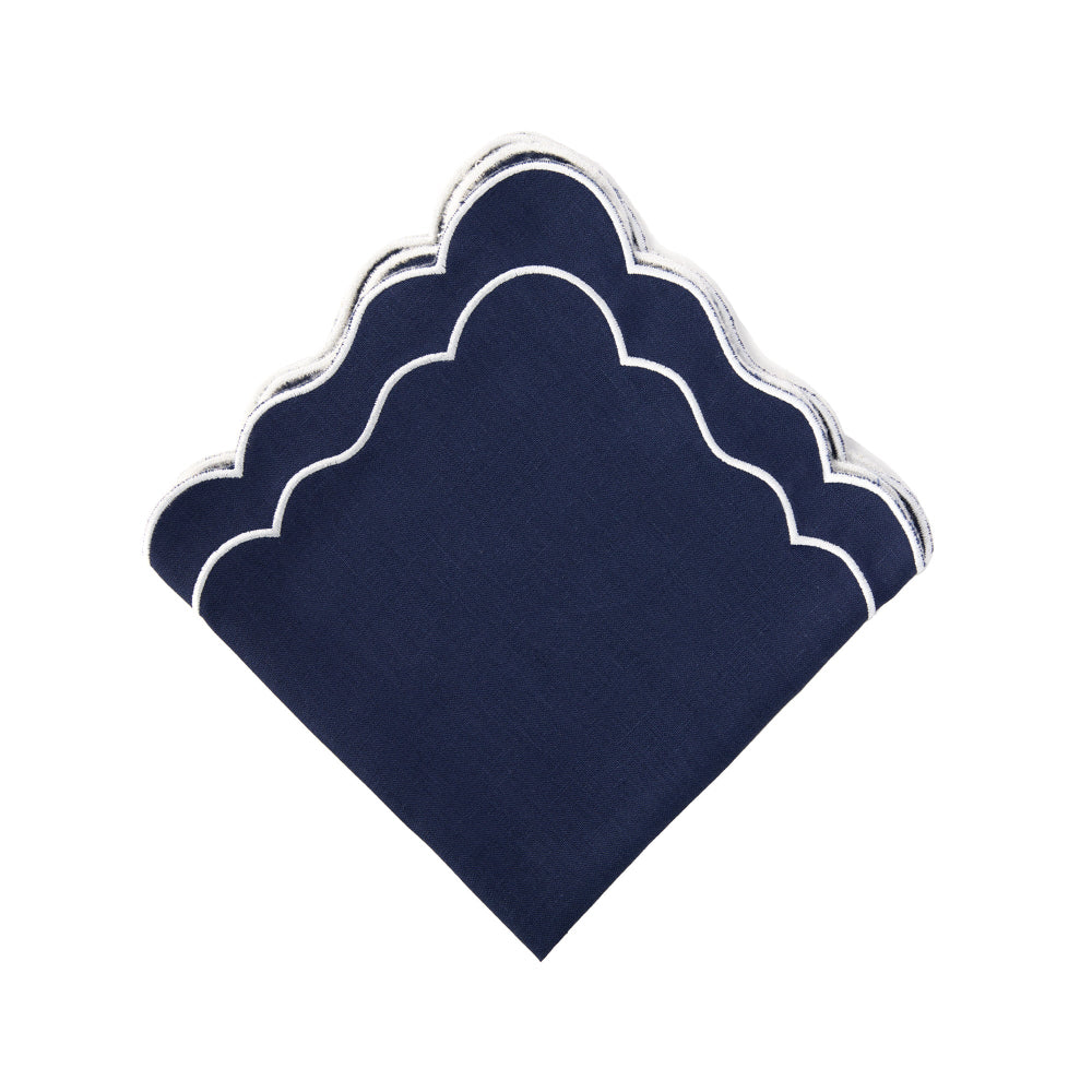 Navy blue pocket square with scalloped edge on a white background