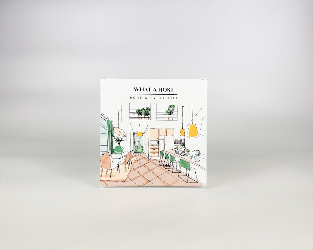 Packaging from 'What a Host' with interior design illustrations on a white background