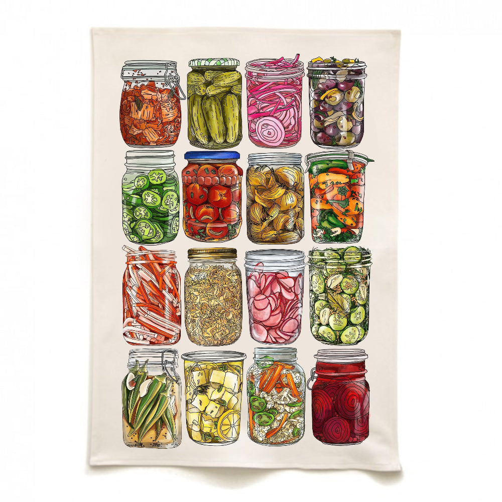 Tea towel with illustrations of preserved vegetables in jars on a white background
