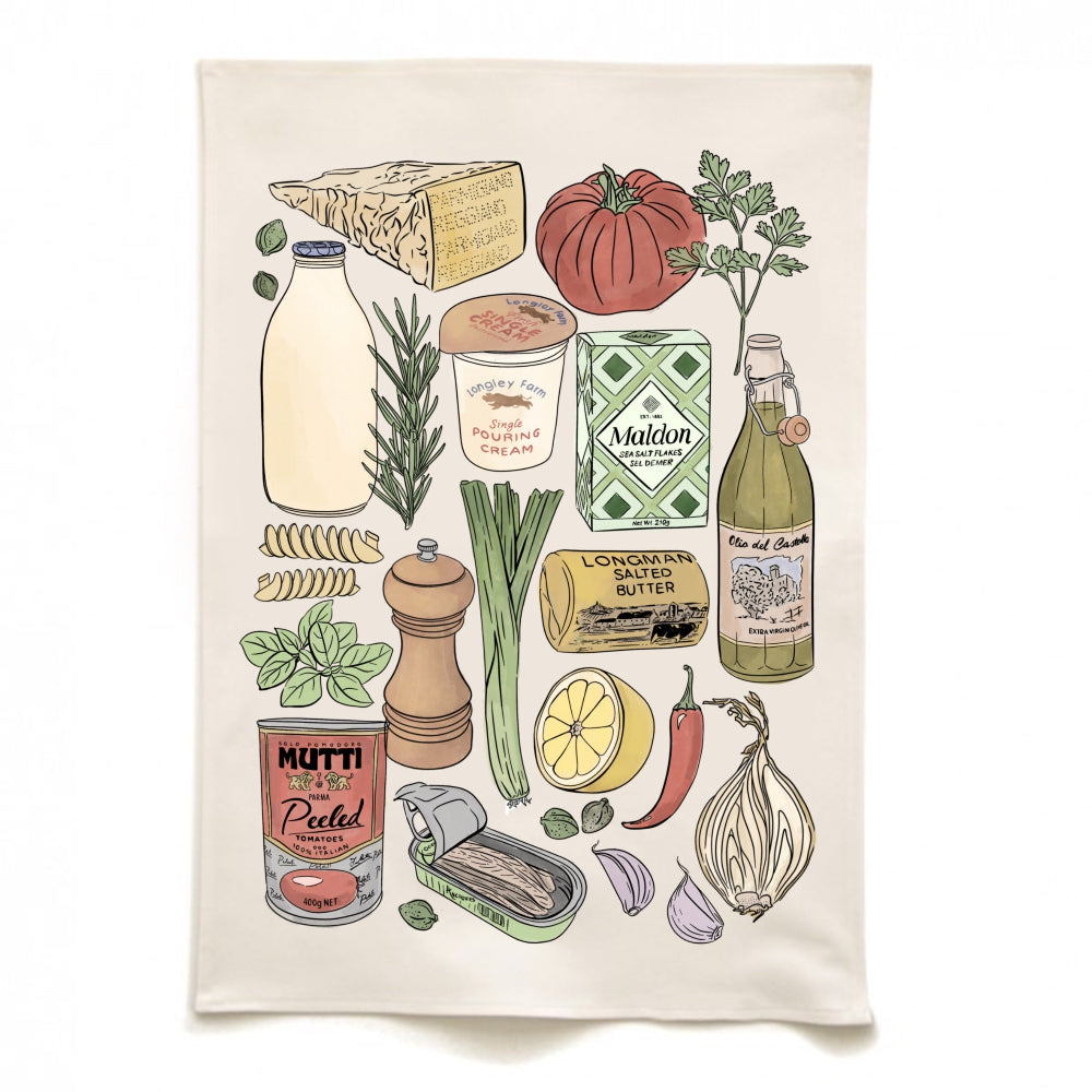 Tea towel with food illustrations including bottles, jars, and vegetables on a white background