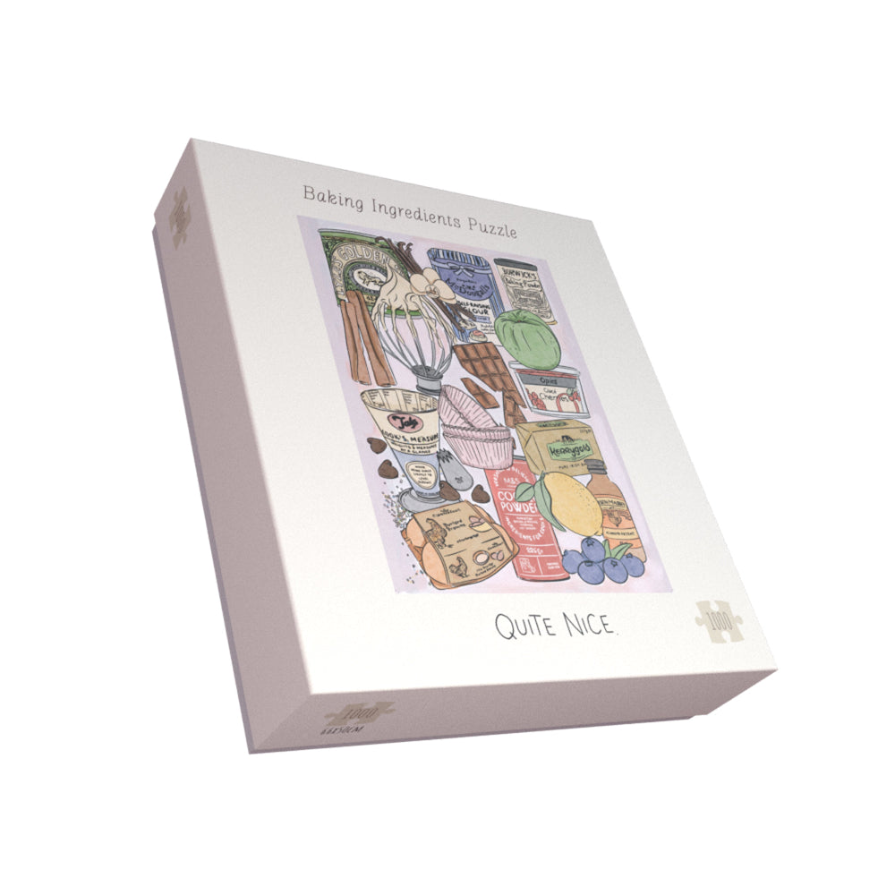 Puzzle box with illustration of baking ingredients and 'Quite Nice' text on a white background