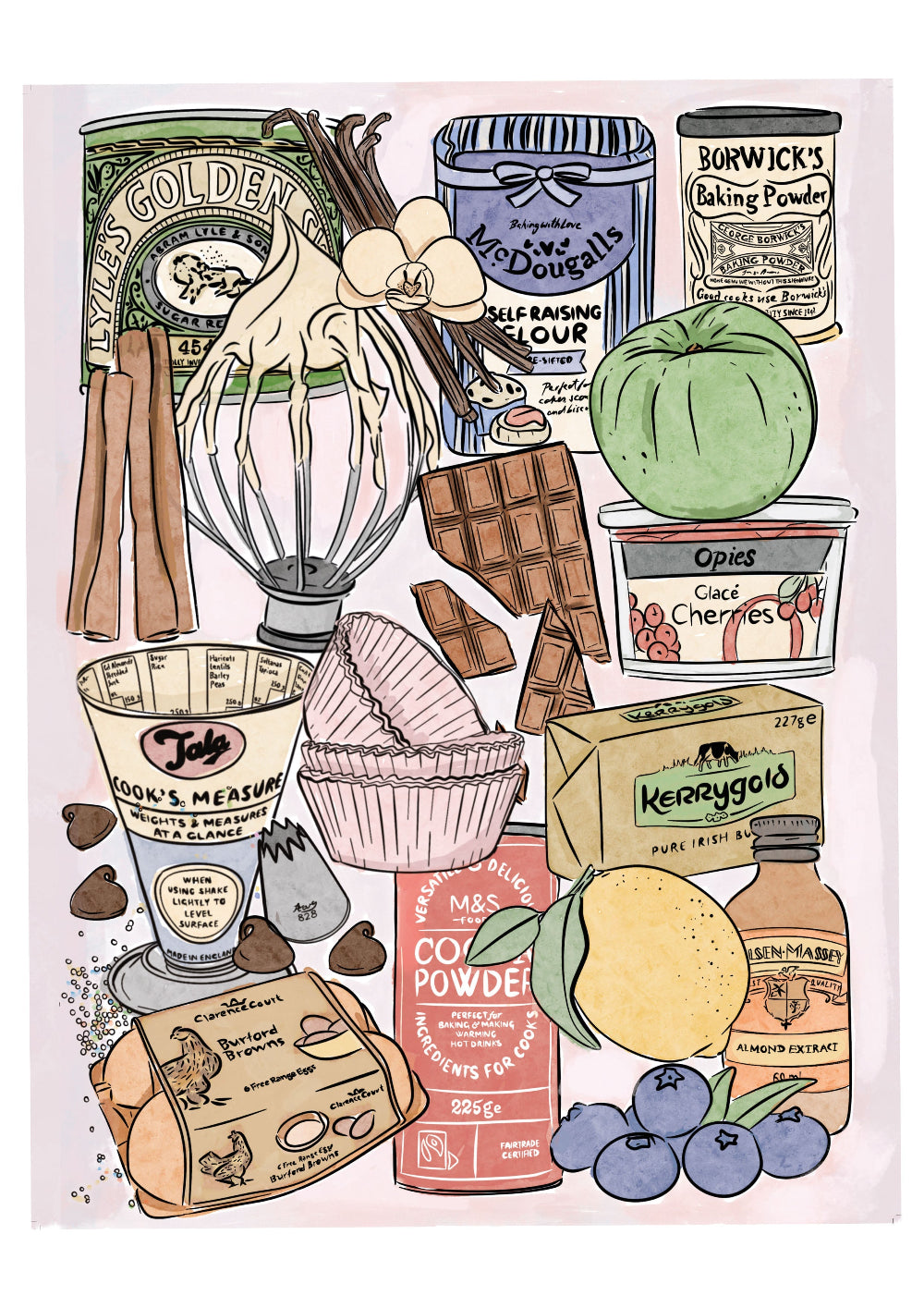 Illustration of baking ingredients and tools on a white background