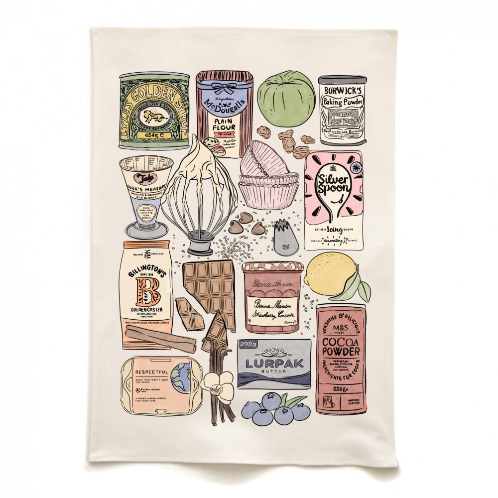 Tea towel with baking ingredients illustration on a white background