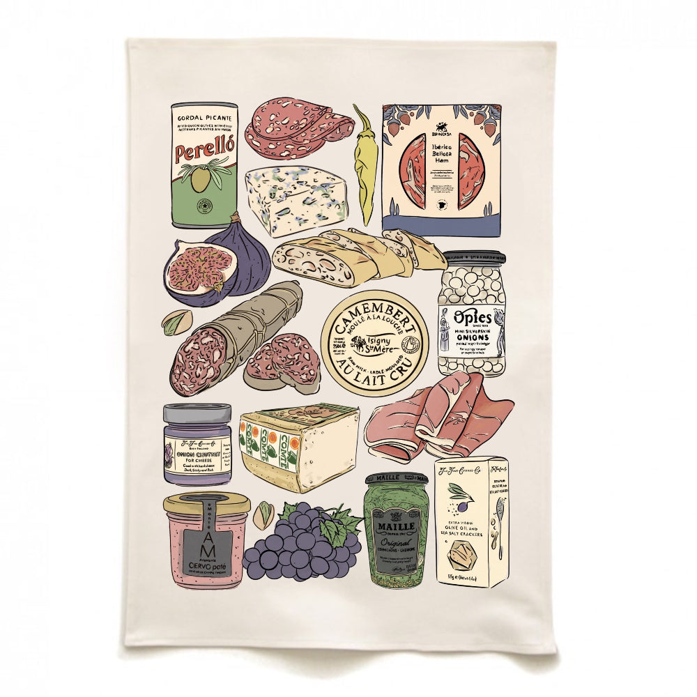 Tea towel with illustrations of food items and packaging on a white background