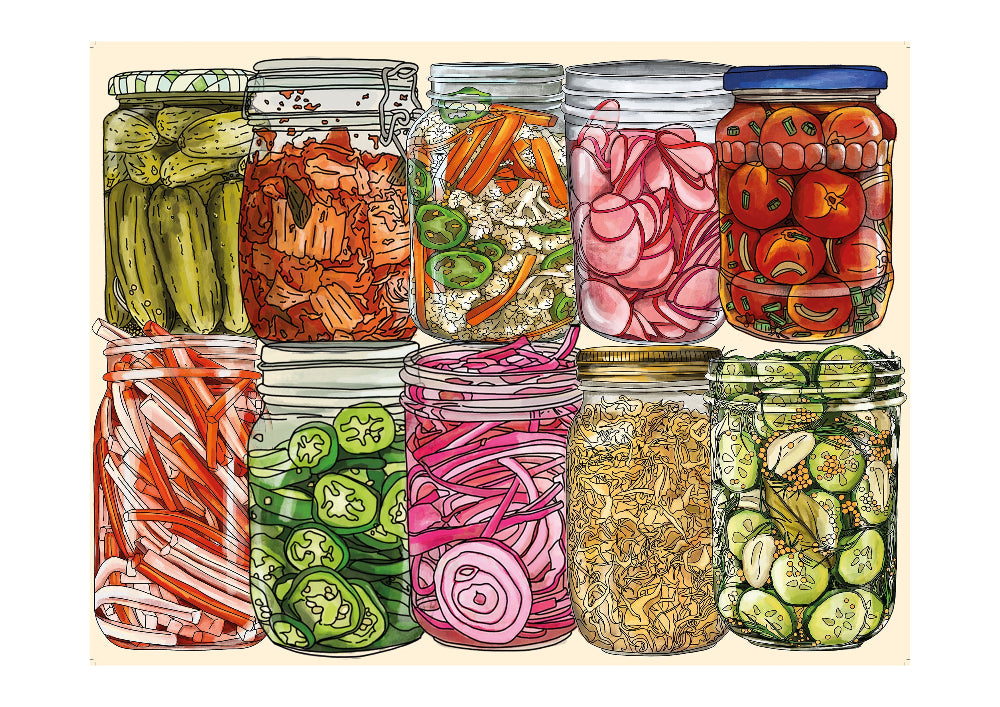 Illustration of various preserved vegetables in glass jars on a beige background